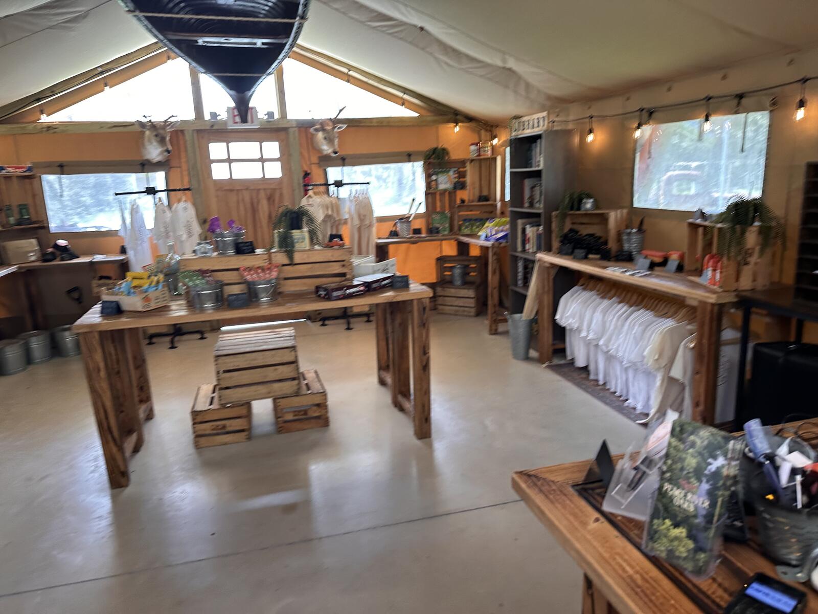 Inside the outfitter tent at Peace River Oaks, Bowling Green, Florida